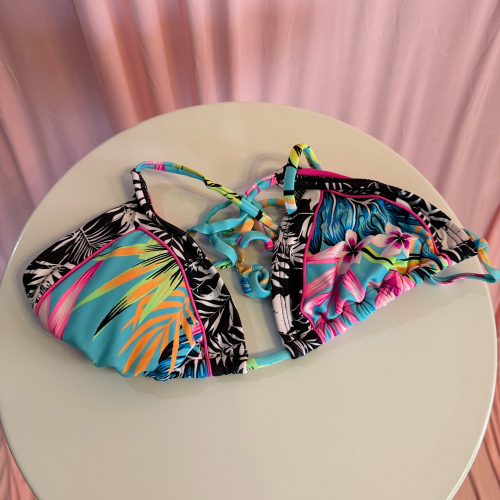Tropical Floral Triangle Bikini Top - Bright Aqua & Pink